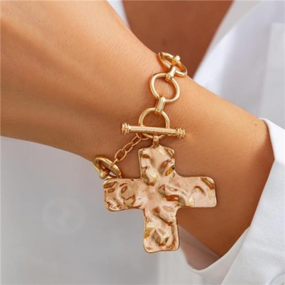 Chunky Big Hammered 24k Gold Plated Cross Bracelet Statement Faith Bracelet new